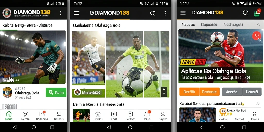 Screenshot aplikasi DIAMOND138 menampilkan berita olahraga bola terkini.